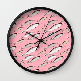 Narwhal Whales - Narwhal Whale Pattern Watercolor Illustration Pink Wall Clock