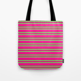 [ Thumbnail: Deep Pink, Lime & Green Colored Pattern of Stripes Tote Bag ]