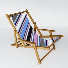 [ Thumbnail: Eye-catching Cornflower Blue, Black, Plum, Dim Grey, and White Colored Lined Pattern Sling Chair ]
