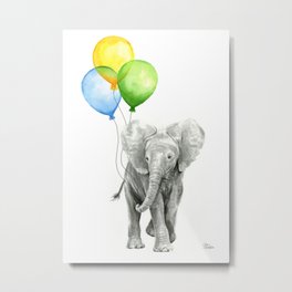 Elephant with Three Balloons Metal Print | Babyroom, Babyanimal, Nursery, Watercolor, Babyelephant, Balloon, Elephant, Surrealism, Elephantwatercolor, Whimsical 