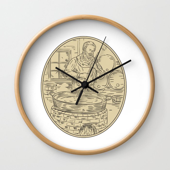 Medieval Monk Brewing Beer Oval Drawing Wall Clock