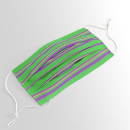 [ Thumbnail: Lime Green, Dark Orchid, and Dark Salmon Colored Lines/Stripes Pattern Face Mask ]