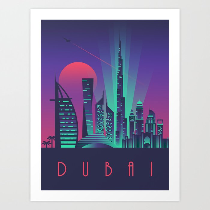 Dubai City Skyline Retro Art Deco Tourism Night Art Print By