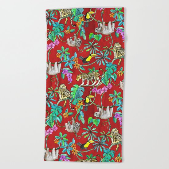 Rainforest Friends - watercolor animals on textured red Beach Towel