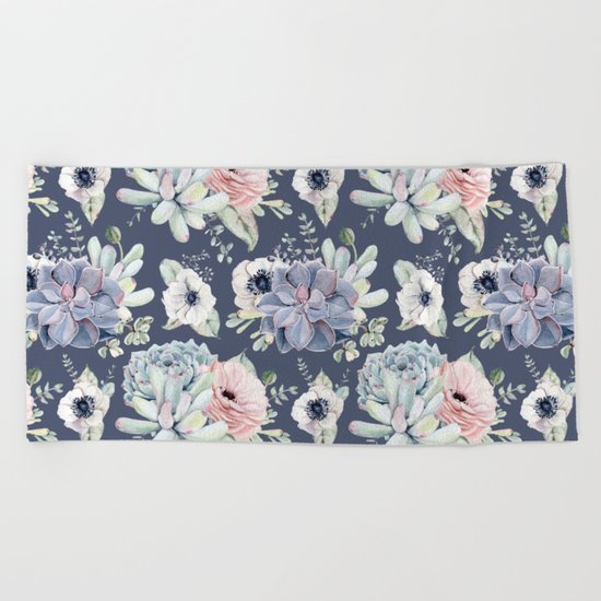 Beautiful Succulent Garden Navy Blue + Pink Beach Towel