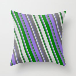 [ Thumbnail: Dim Gray, Purple, Green & Light Grey Colored Lined Pattern Throw Pillow ]