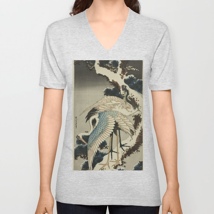 Cranes on Snow Covered Pine Katsushika Hokusai 葛飾 北斎 V Neck T Shirt