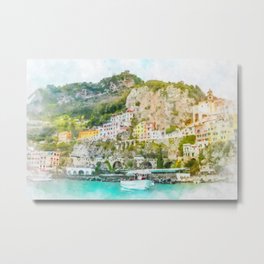 Italian coastal village. Digital watercolor painting Metal Print
