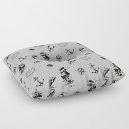 Light Grey And Black Silhouettes Of Vintage Nautical Pattern Floor Pillow
