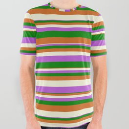 [ Thumbnail: Chocolate, Beige, Orchid & Green Colored Striped/Lined Pattern All Over Graphic Tee ]