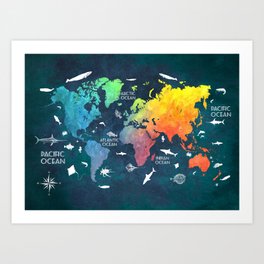 Ocean World Map color #map #worldmap Art Print