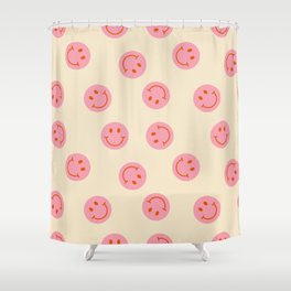 70s Retro Smiley Face Pattern in Beige & Pink Shower Curtain
