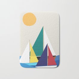 Colorful sailboats Bath Mat | Digital, Lake, Sailors, Minimalism, Sailrace, Color, Yacht, Sea, Seascape, Illustartion 