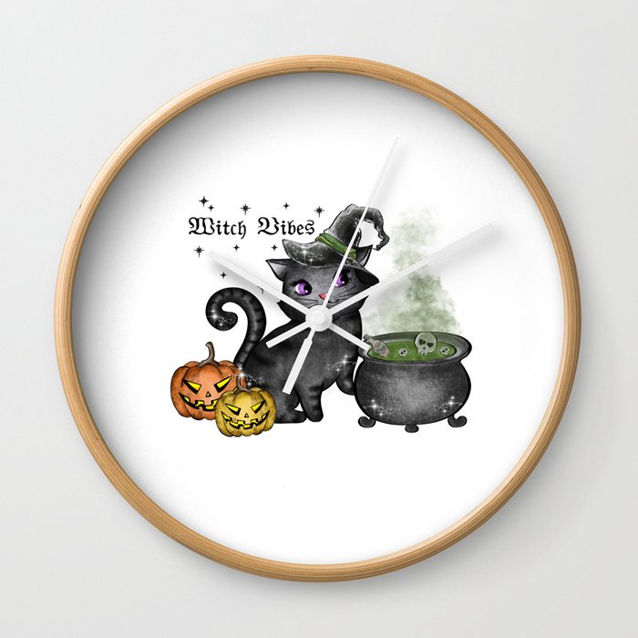 Witch vibes with a witch cat halloween Wall Clock
