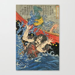 Samurai With Tattoos Drowning Enemies - Antique Japanese Ukiyo-e Woodblock Print Art From The Early 1800's. Canvas Print