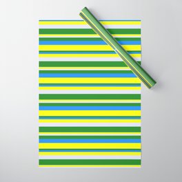 [ Thumbnail: Lavender, Forest Green, Blue & Yellow Colored Striped Pattern Wrapping Paper ]