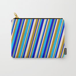 [ Thumbnail: Beige, Dark Goldenrod, Deep Sky Blue & Blue Colored Stripes Pattern Carry-All Pouch ]