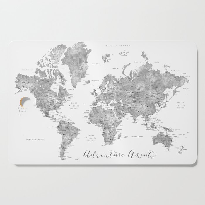 Adventure awaits... detailed world map in grayscale watercolor Cutting Board