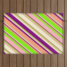 [ Thumbnail: Eye-catching Light Yellow, Purple, Light Salmon, Green & Light Pink Colored Stripes Pattern Outdoor Rug ]