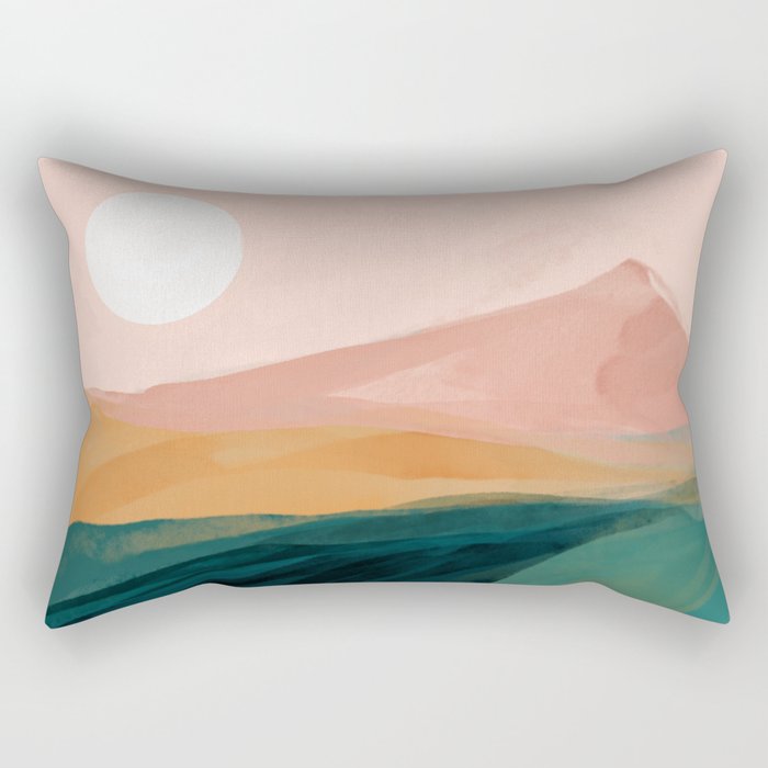 pink, green, gold moon watercolor mountains Rectangular Pillow