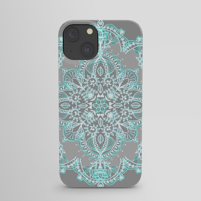 Teal and Aqua Lace Mandala on Grey iPhone Case