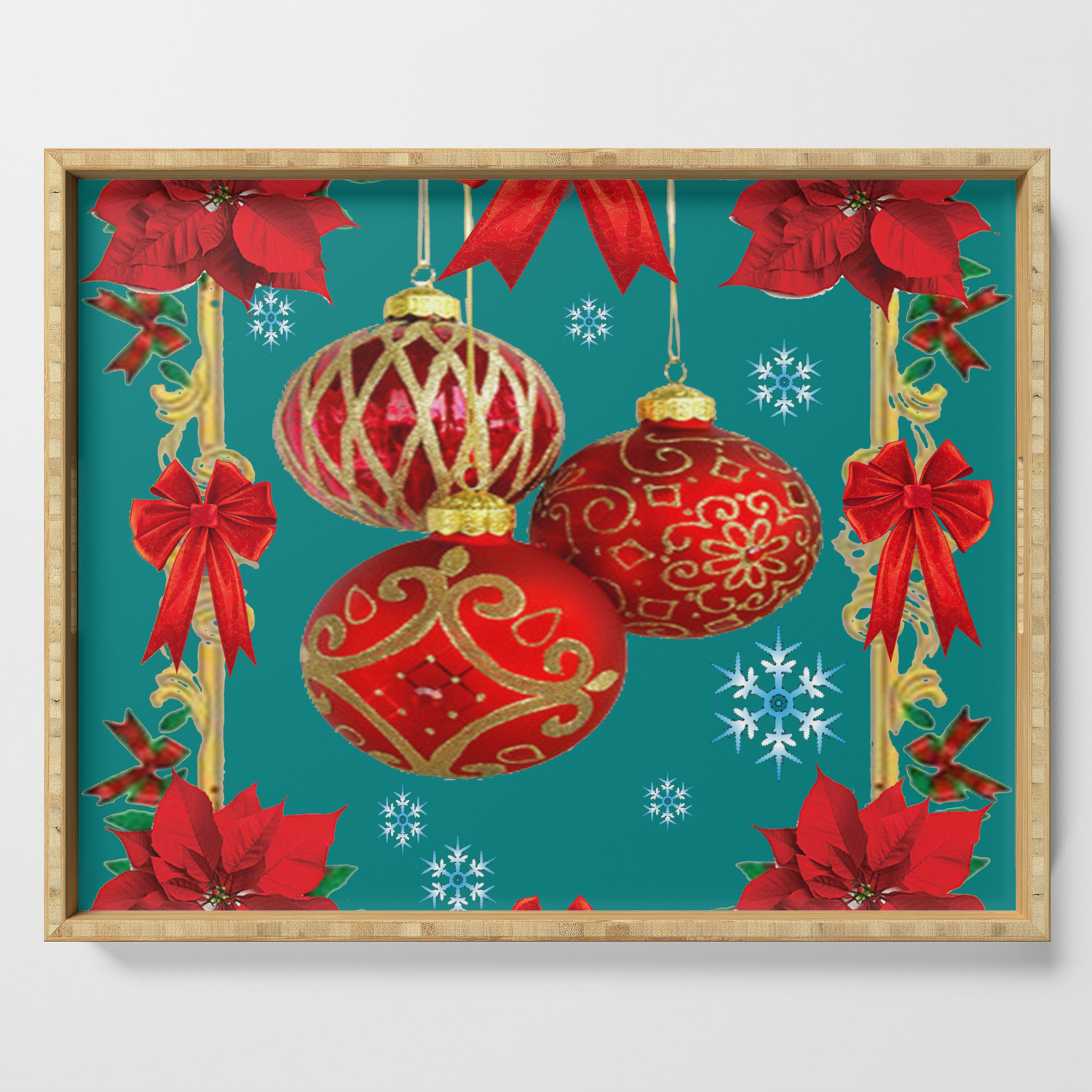 Teal Color Red Christmas Ornaments Poinsettias Flower Serving
