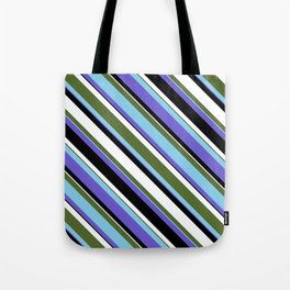 [ Thumbnail: Dark Olive Green, Sky Blue, Slate Blue, Black, and White Colored Lined Pattern Tote Bag ]