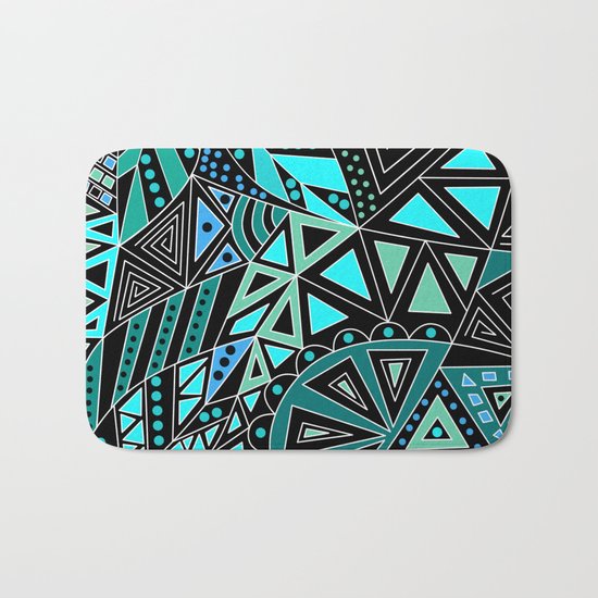 Ethnic pattern in blue turquoise tones on a black background . Bath Mat
