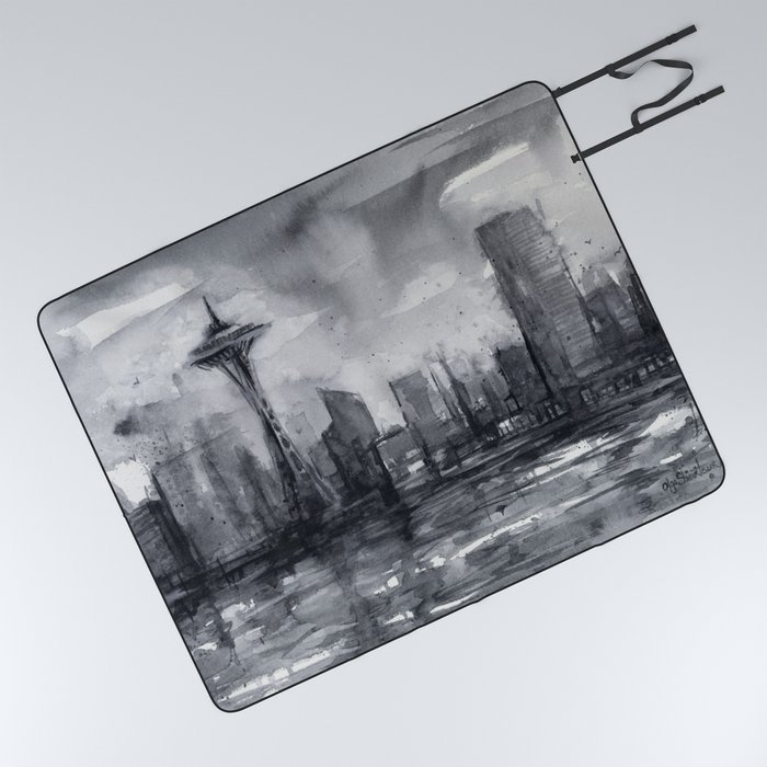 Seattle Skyline Painting Watercolor Black and White Space Needle Picnic Blanket