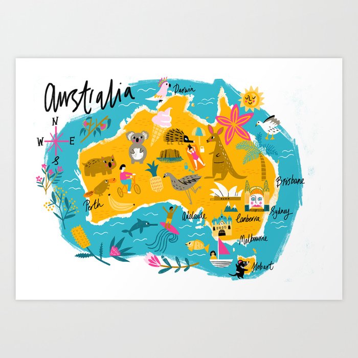 Illustrated map of Australia Art Print