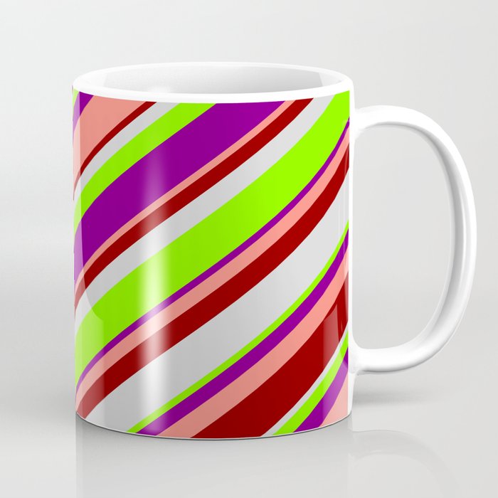 Light Grey, Green, Purple, Salmon, and Dark Red Colored Striped Pattern Coffee Mug
