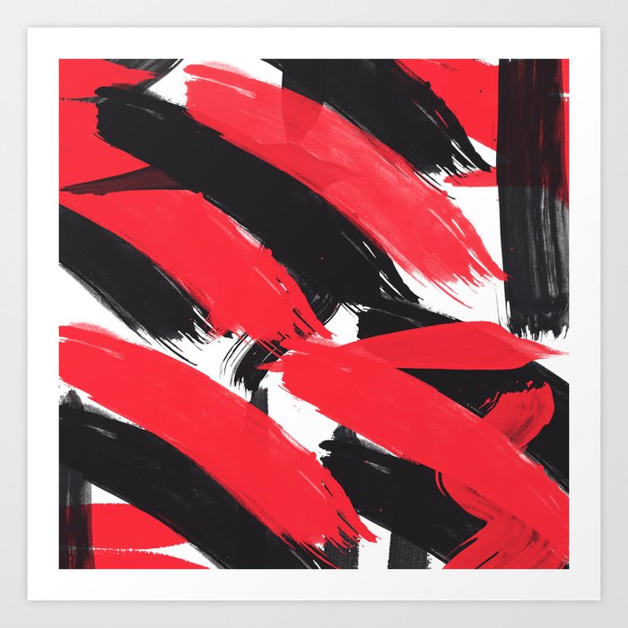 Modern Abstract Black Red Brush Strokes Pattern Art Print