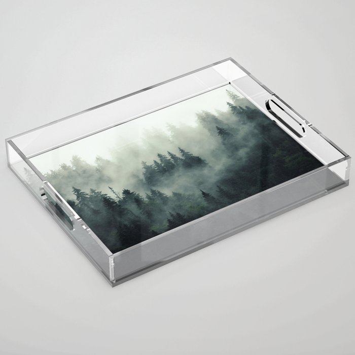 Green misty mountain pine forest in cloudy and rainy - vintage style photo Acrylic Tray