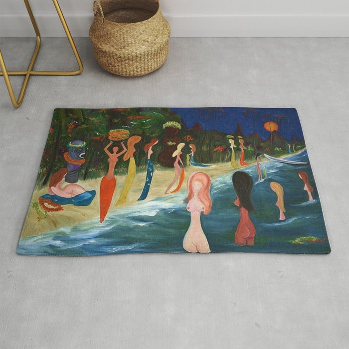 'Hawaiian Wahine Surfer Girls and Tiki Beach' landscape by Marguerite Blasingame Rug