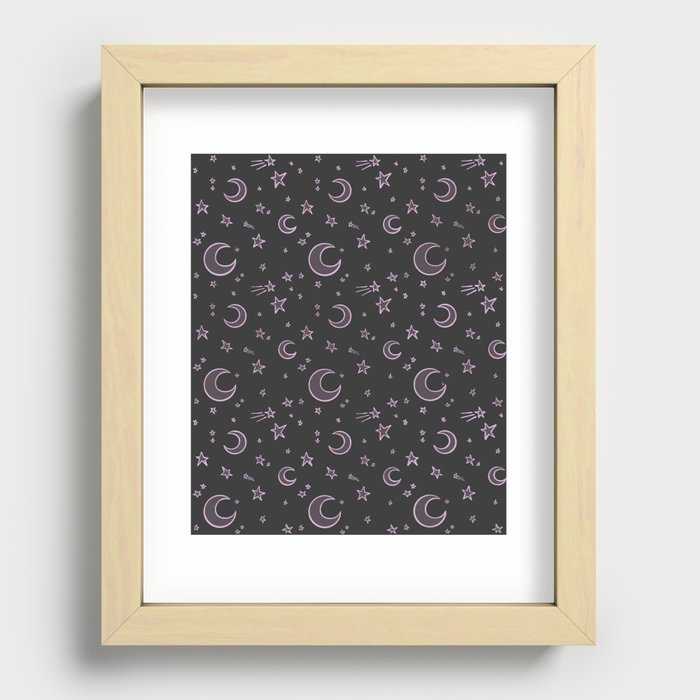 Moons and Stars, Pink Magical Witchy Pattern Digital Illustration Recessed Framed Print