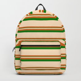 [ Thumbnail: Bisque, Chocolate, and Green Colored Striped Pattern Backpack ]