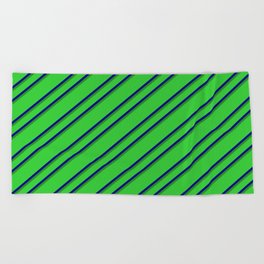 [ Thumbnail: Lime Green, Blue, and Forest Green Colored Lined Pattern Beach Towel ]