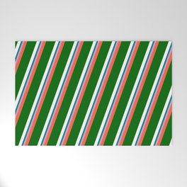 [ Thumbnail: Vibrant Red, Dark Green, White, Teal & Plum Colored Striped Pattern Welcome Mat ]