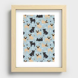 Pug Dogs Pattern Blue Recessed Framed Print