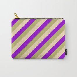 [ Thumbnail: Dark Khaki, Tan, and Dark Violet Colored Striped Pattern Carry-All Pouch ]