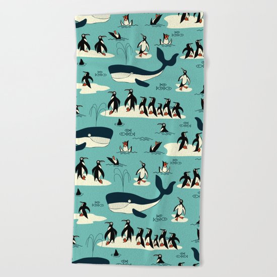 Whales and penguins Beach Towel