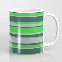 [ Thumbnail: Dark Slate Gray, Lime Green & Dark Gray Colored Stripes Pattern Coffee Mug ]