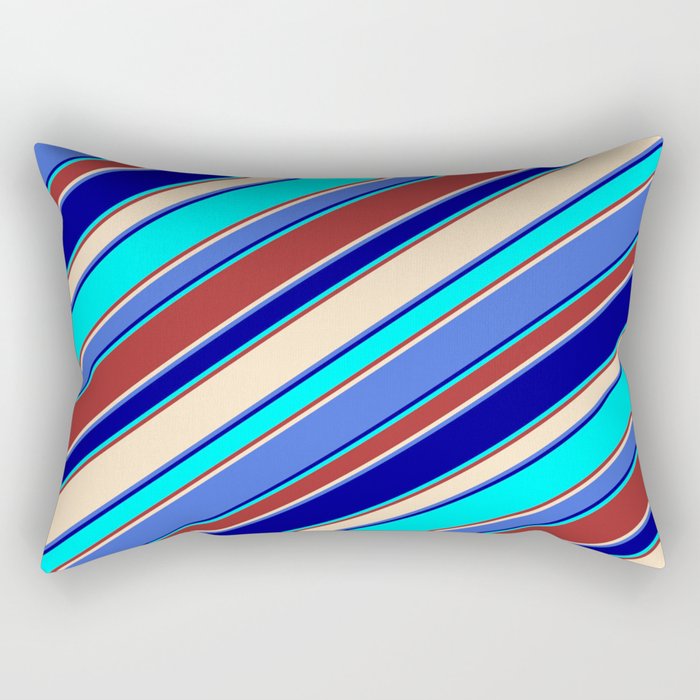 Eye-catching Brown, Bisque, Royal Blue, Dark Blue & Cyan Colored Lined/Striped Pattern Rectangular Pillow
