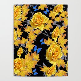 YELLOW ROSES BLUE BUTTERFLIES YELLOW LEAVES ART Poster