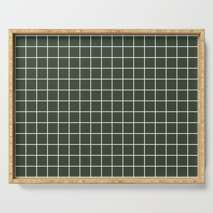 Kombu green - green color - White Lines Grid Pattern Serving Tray