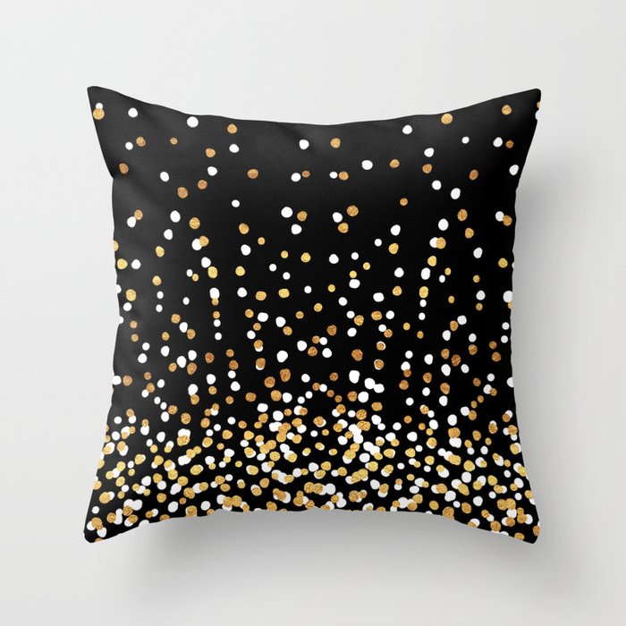 Floating Dots - White and Gold on Black Throw Pillow