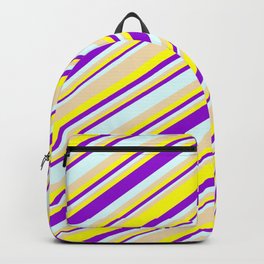 [ Thumbnail: Tan, Yellow, Dark Violet & Light Cyan Colored Striped Pattern Backpack ]