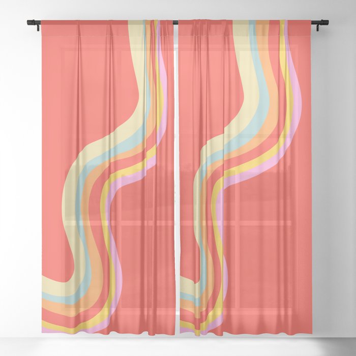 Groovy 70s Retro Rainbow flow on Red Sheer Curtain