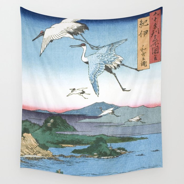Utagawa Hiroshige - Cranes Over Kii Province, Wakanoura Bay - Vintage Japanese Woodblock Print Art 1850 Wall Tapestry