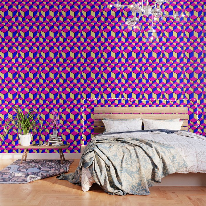 Geometric abstract cubist art three-dimensional colorful cubes in a bursting square heart pattern Wallpaper